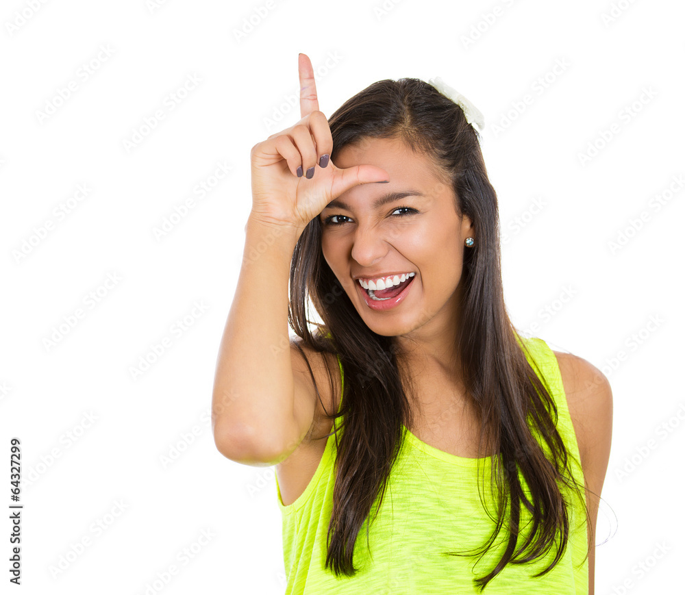 Headshot woman showing loser sign on white background Headshot woman showing loser sign on white background
