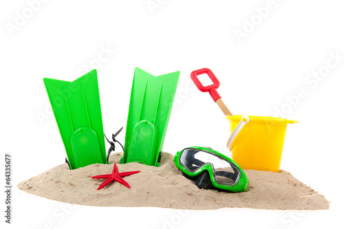 Beach with diving tools and toys