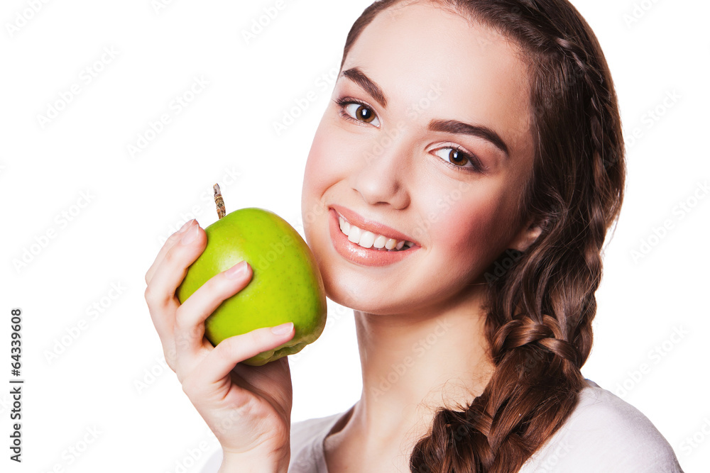 happy smiling woman with apple, isolated on white happy smiling woman with apple, isolated on white