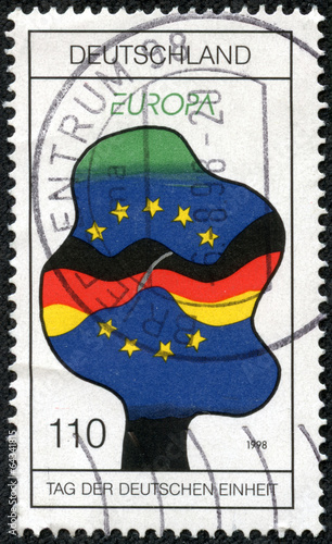 stamp shows Europa and German Reunification Day