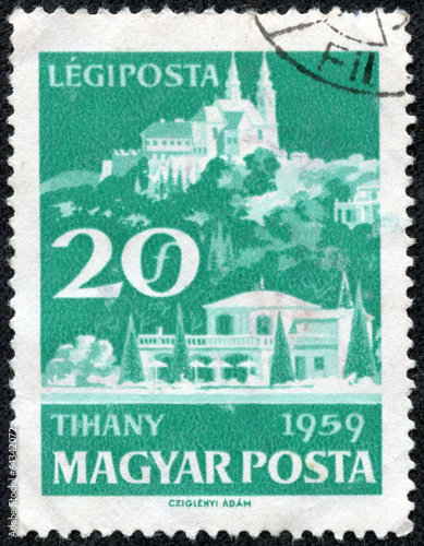 stamp shows image of the Hungarian village of Tihany