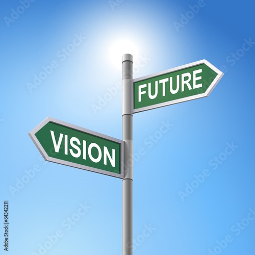 3d road sign saying vision and future