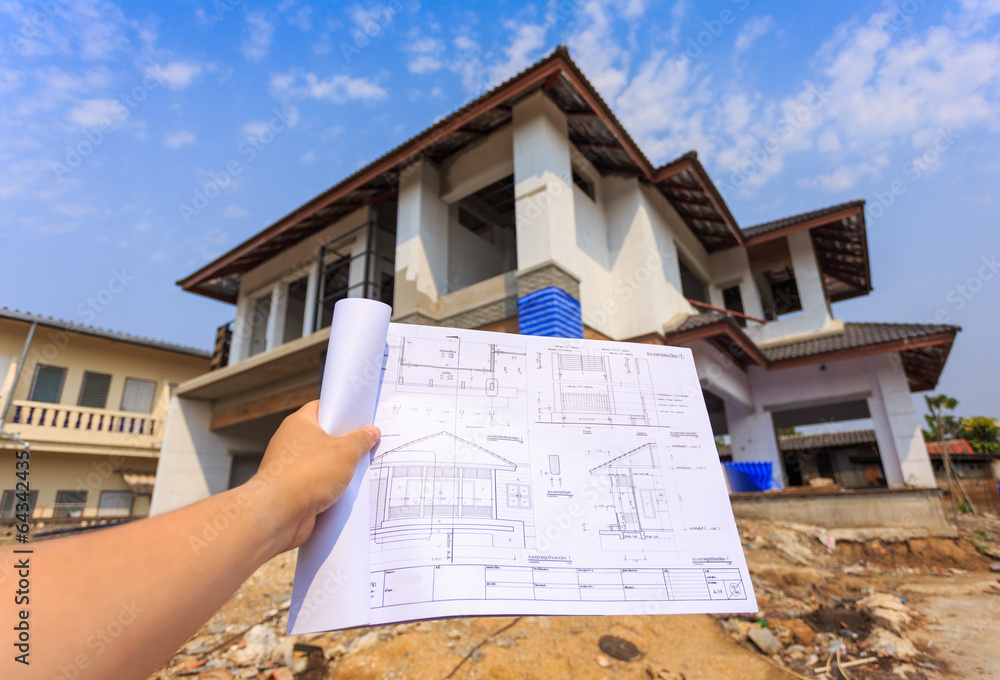 architecture drawings in hand on big house building