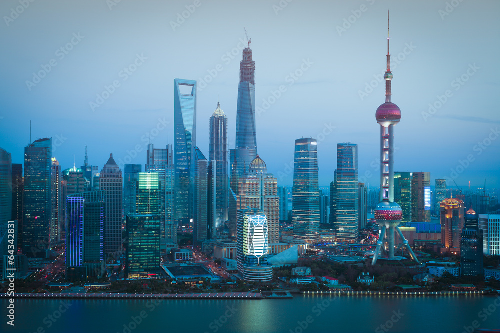 Obraz premium Aerial photography Shanghai skyline at night