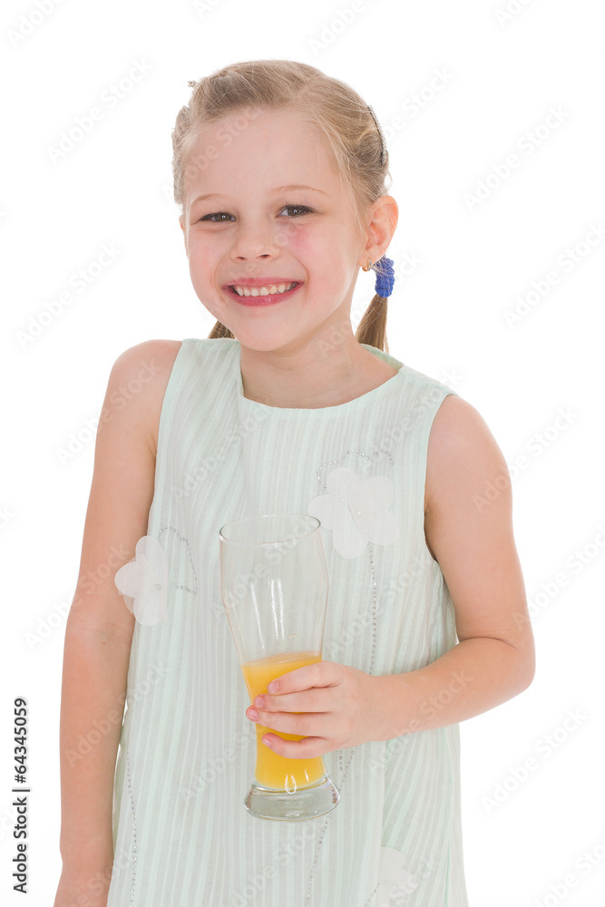Cute little girl drinks orange juice Cute little girl drinks orange juice