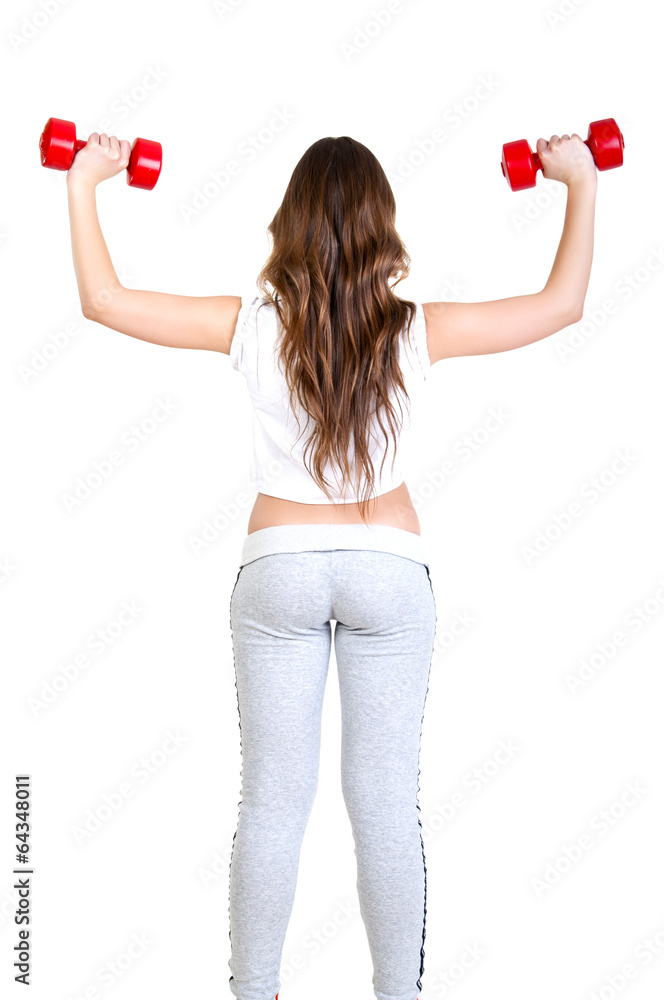 young sporty woman with heavy steel dumbbell young sporty woman with heavy steel dumbbell