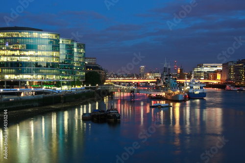 HMS Belfast and Southbank at night.