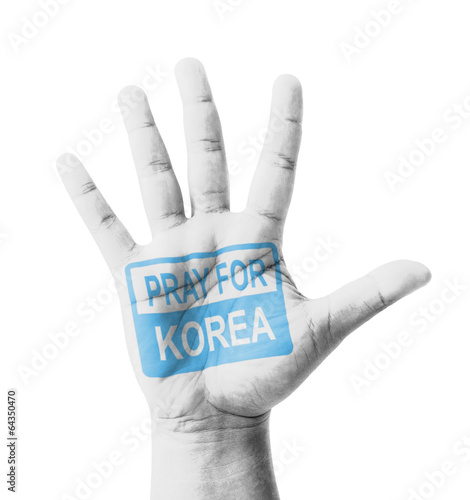 Open hand raised, Pray for Korea sign painted photo