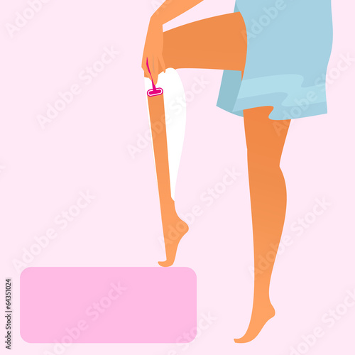 Woman wearing blue towel is shaving her leg