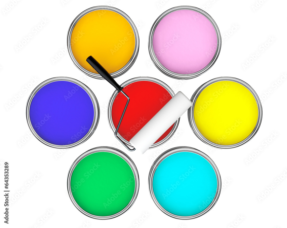 Cans with color paint and roller brush Cans with color paint and roller brush