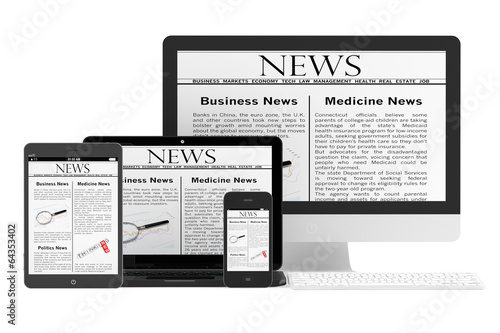 Mobile News Concept. Desktop computer, notebook, tablet pc and m