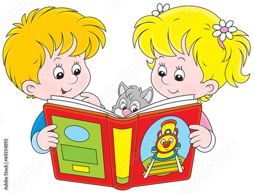 Little girl and boy reading a book