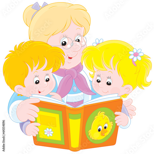 Grandma and grandchildren reading a book