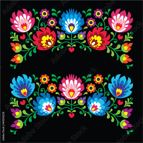 Polish floral folk embroidery card on black - Wzory Lowickie