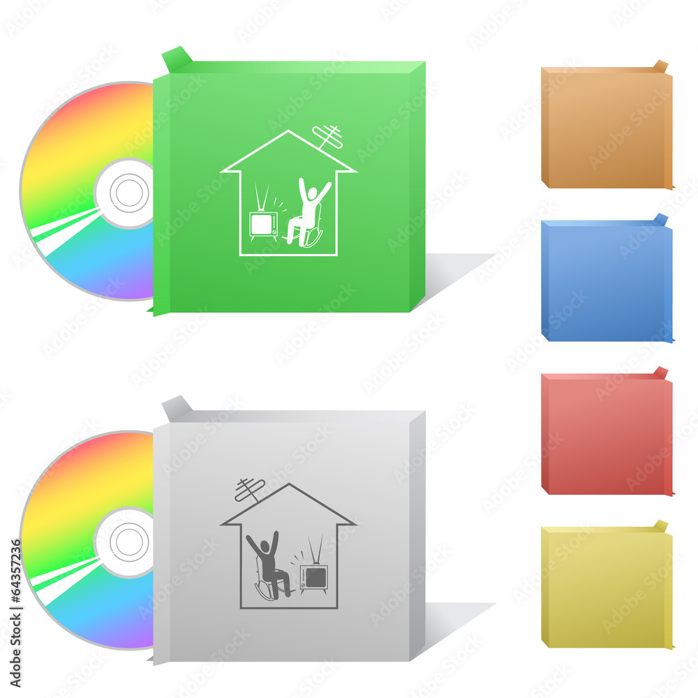 Home watching TV. Box with compact disc.