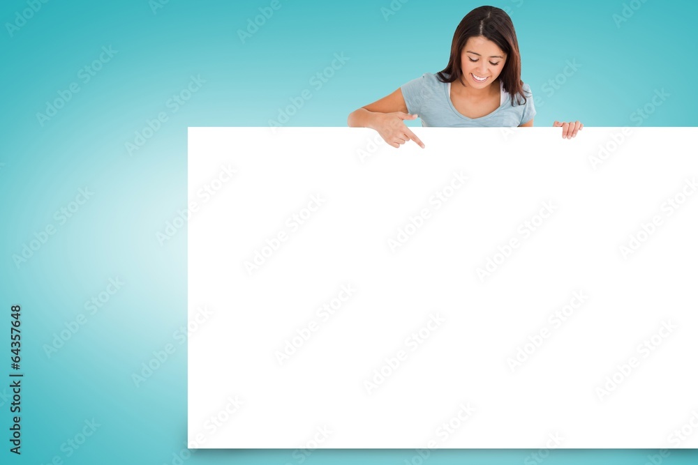 Composite image of pretty brunette showing card