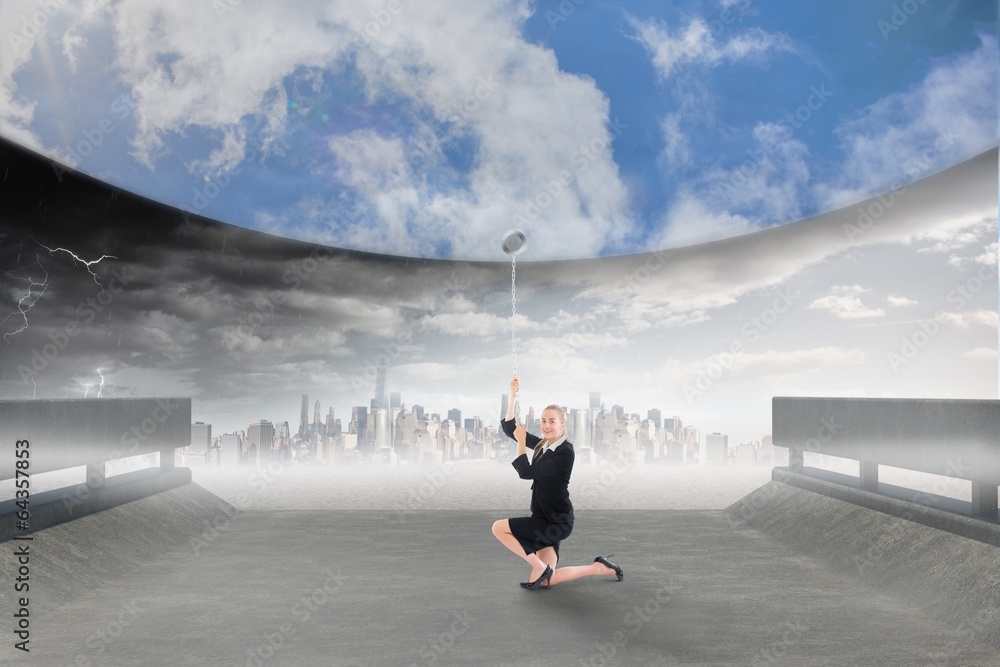 Composite image of businesswoman pulling down blue sky Composite image of businesswoman pulling down blue sky