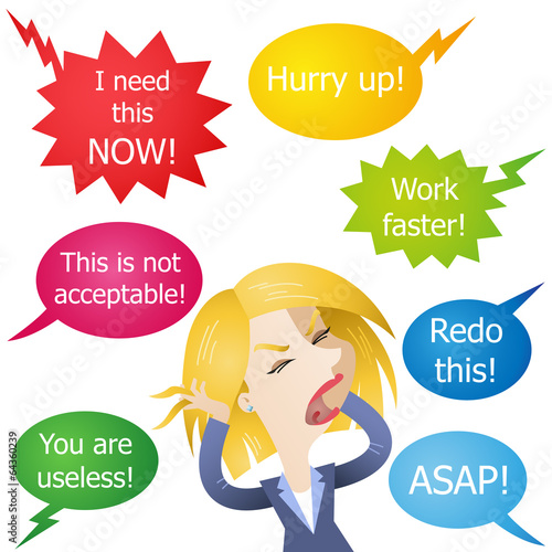 Stressed female employee being hassled and yelled at