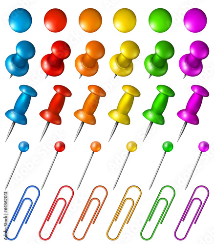 Set of multicolored pushpins, pins, paper clips