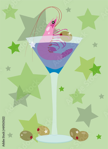 Martini glass, shrimp and olives.
