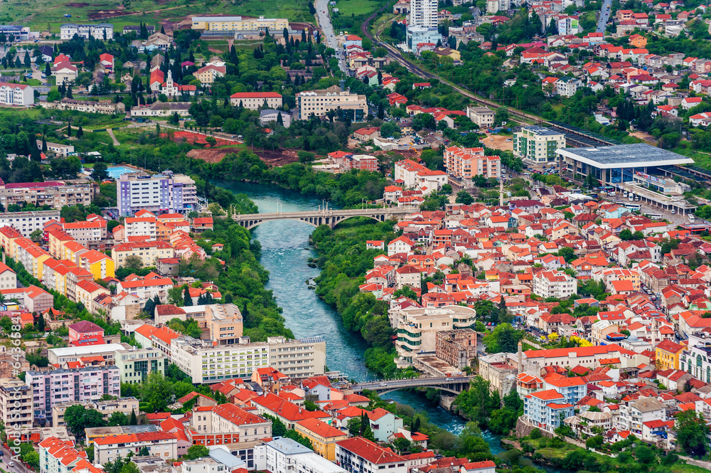 Aerial view of downtown Mostar in Bosnia and Herzegovina.