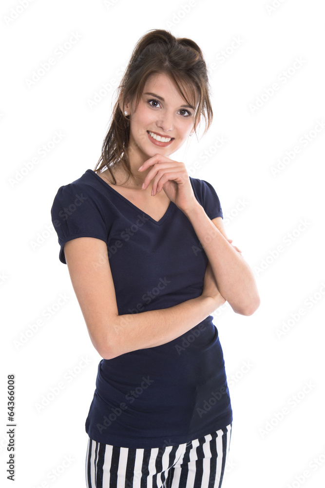 Portrait einer jungen Frau isoliert in maritimer Kleidung Portrait einer jungen Frau isoliert in maritimer Kleidung