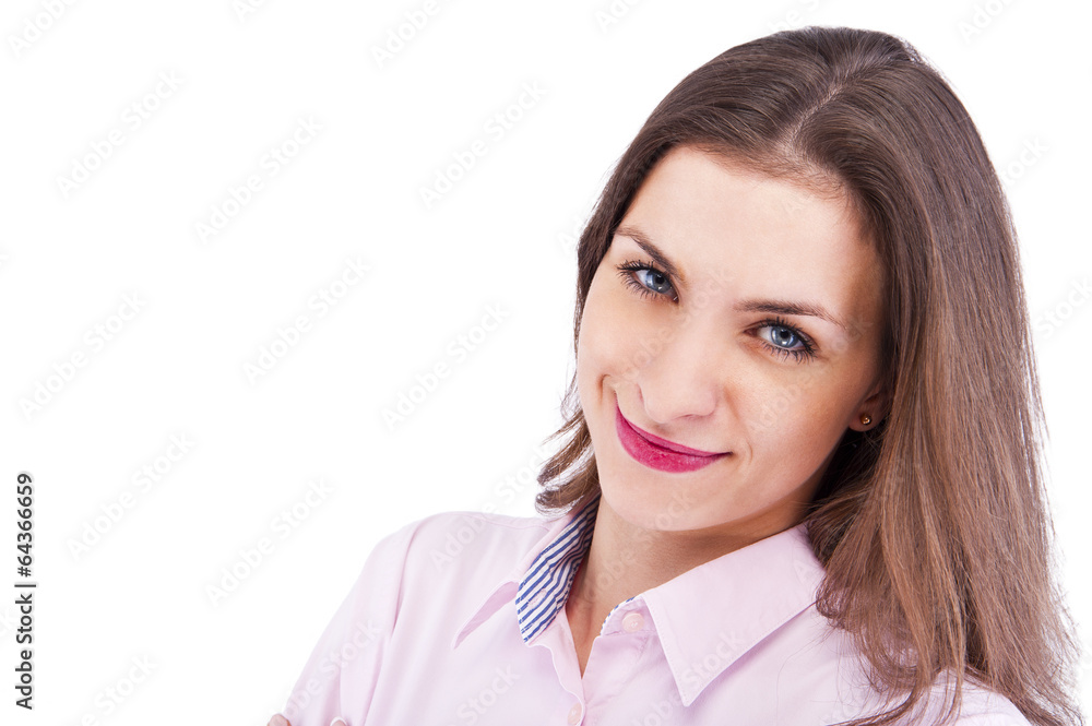 Smiling business woman with folded hands against white backgroun Smiling business woman with folded hands against white backgroun