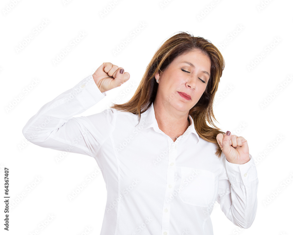 Fototapeta premium Sleepy woman stretching tired fatigued on white background 