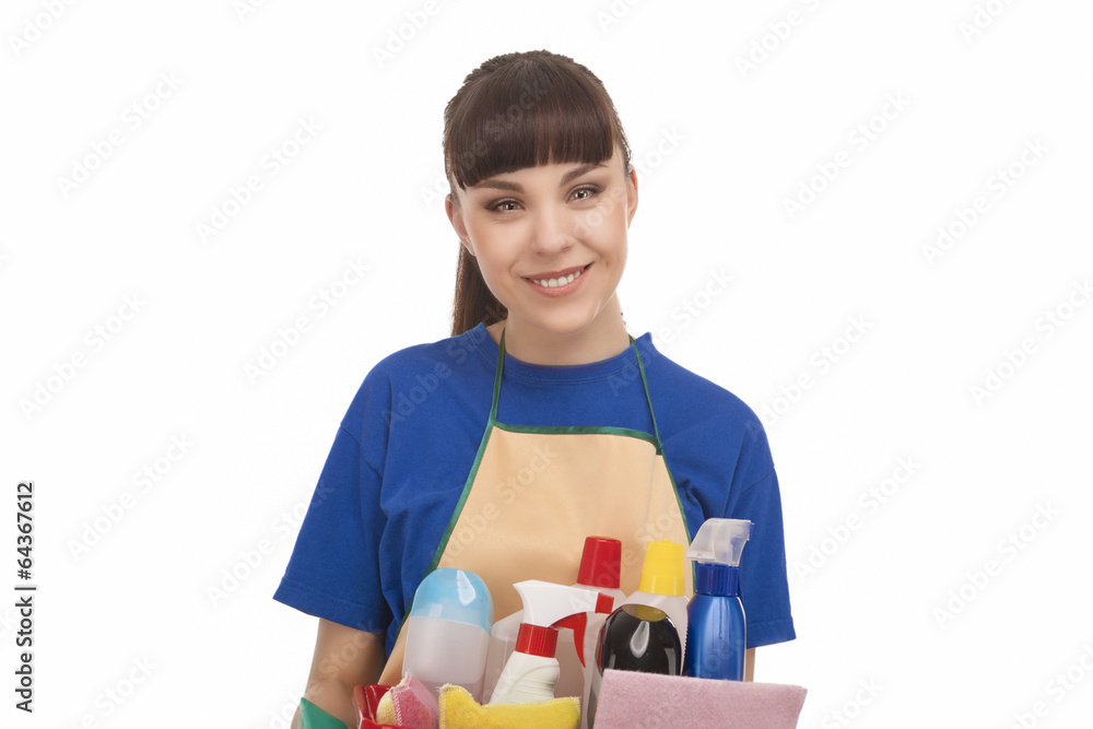 Smiling Caucasian Female Servant With Cleaning Accessories Smiling Caucasian Female Servant With Cleaning Accessories