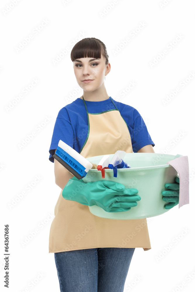 Portrait of Caucasian Housewife Holding Cleaning Gear Portrait of Caucasian Housewife Holding Cleaning Gear