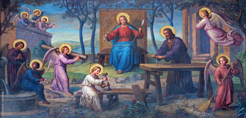 Fototapeta premium Vienna - Fresco of Holy Family in workroom in Carmelites church
