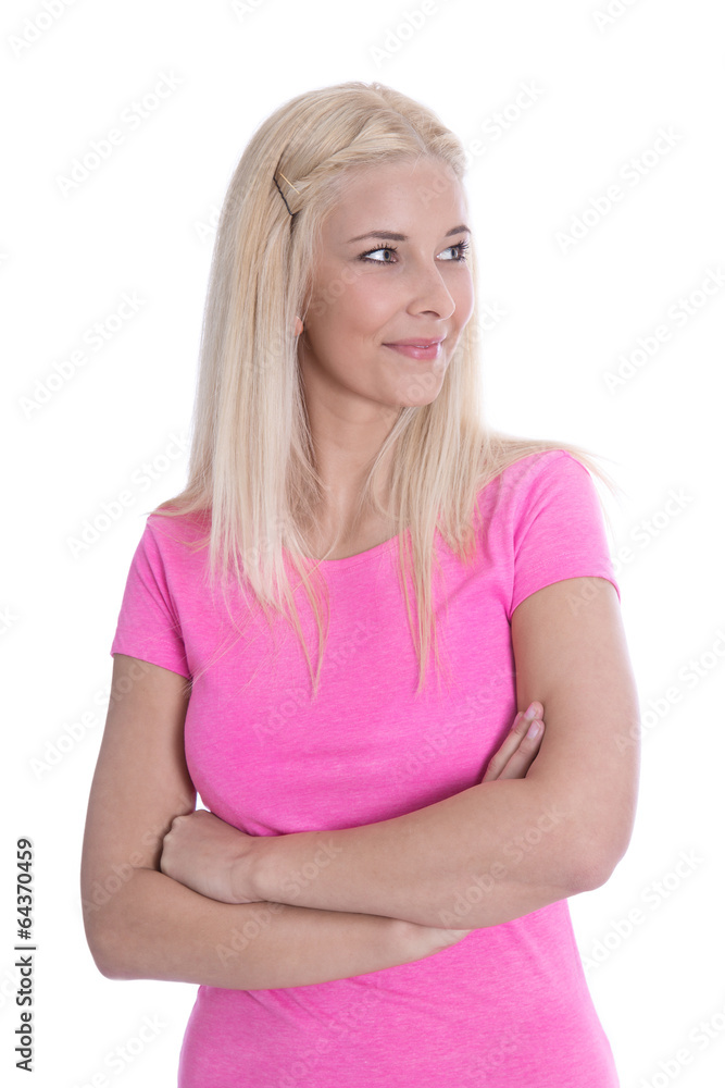 Junge optimistische Blondine sieht zufrieden zur Seite Junge optimistische Blondine sieht zufrieden zur Seite