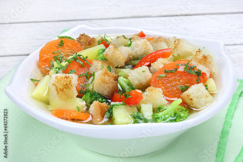 Diet vegetable soup with croutons