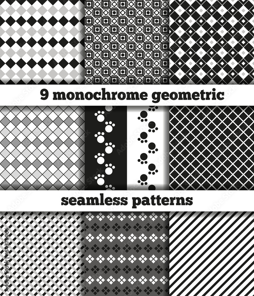 Set of black-white monochrome geometric seamless patterns
