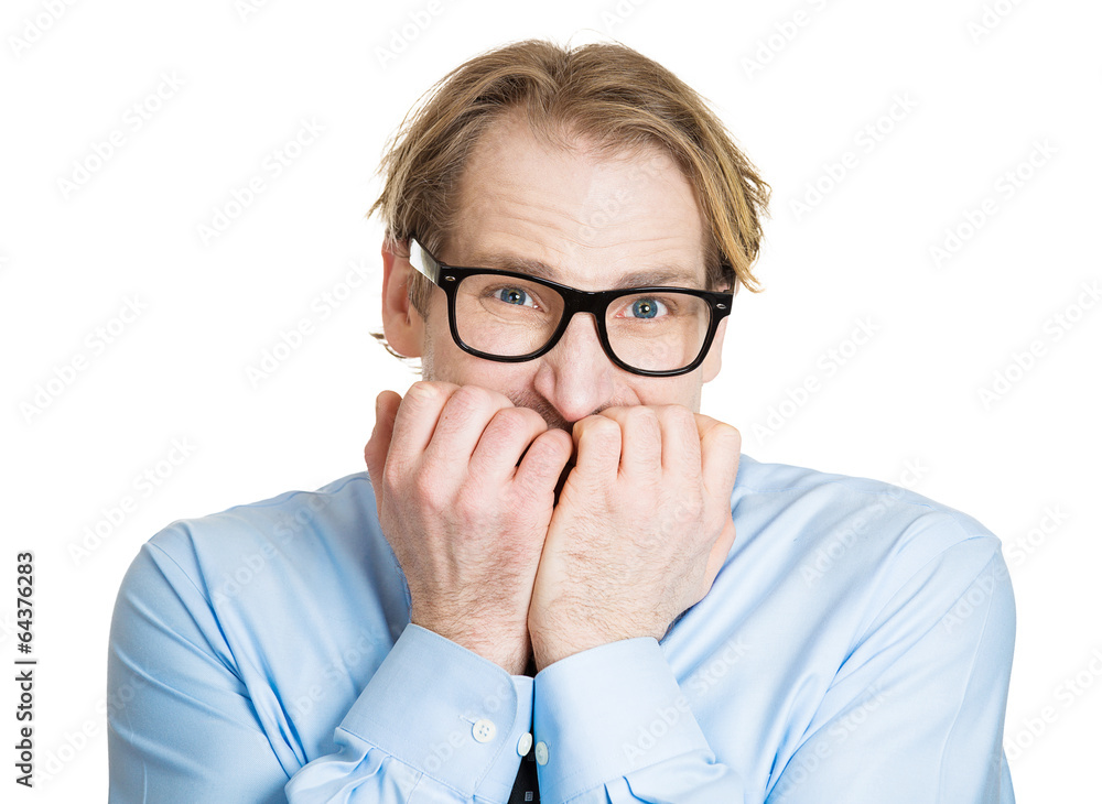 Portrait, headshot anxious nerd, man white background Portrait, headshot anxious nerd, man white background