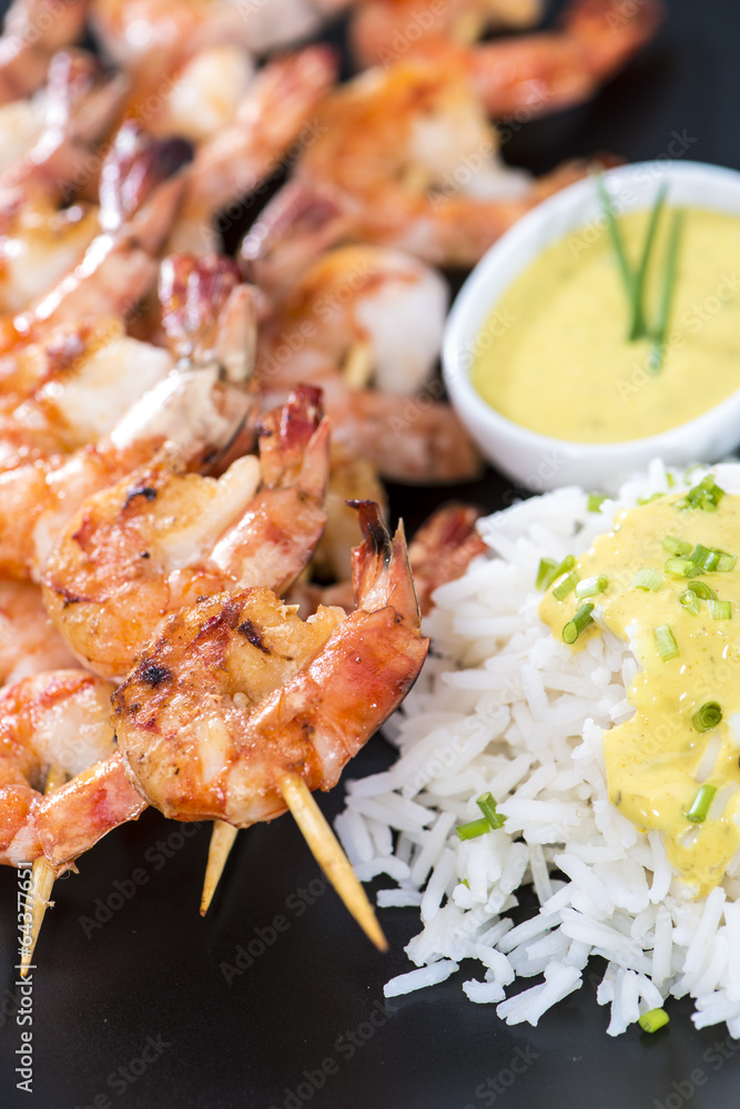 Skewered Prawns with Rice