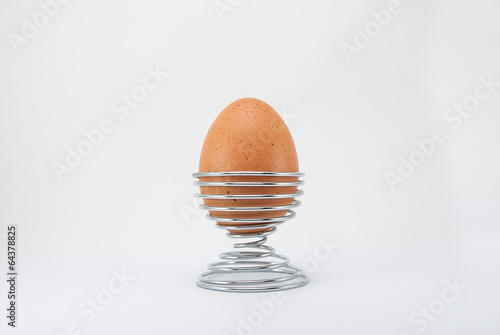 Brown egg on metal stand holder