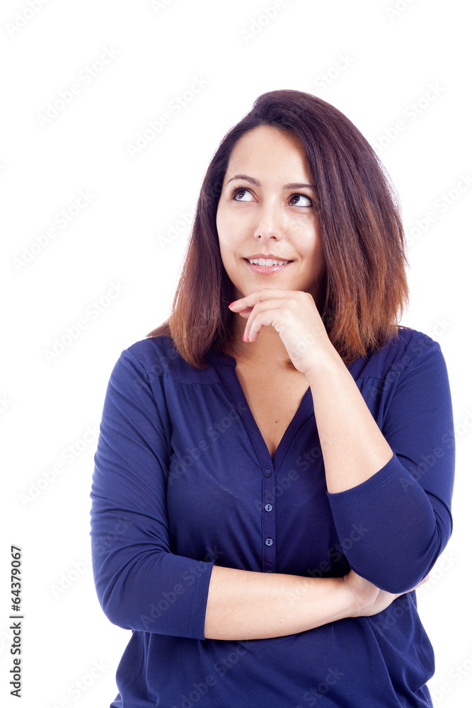 Thoughtful beautiful woman looking up, isolated on white Thoughtful beautiful woman looking up, isolated on white