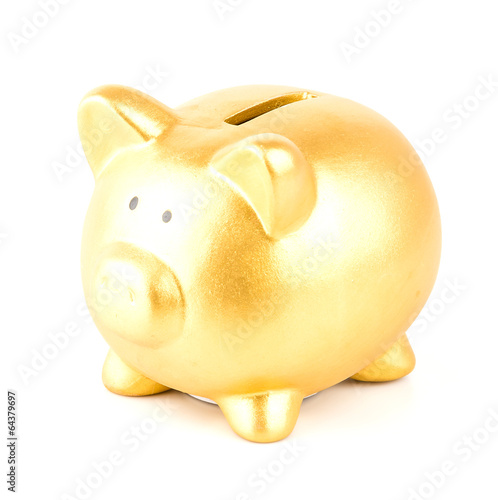 gold piggy bank isolated white background photo