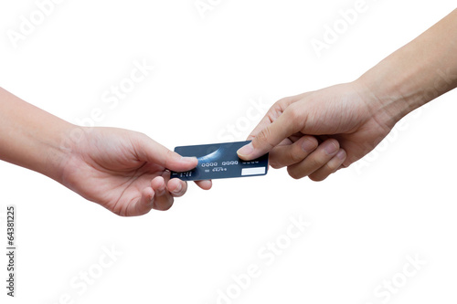 Holding and giving credit card over white background
