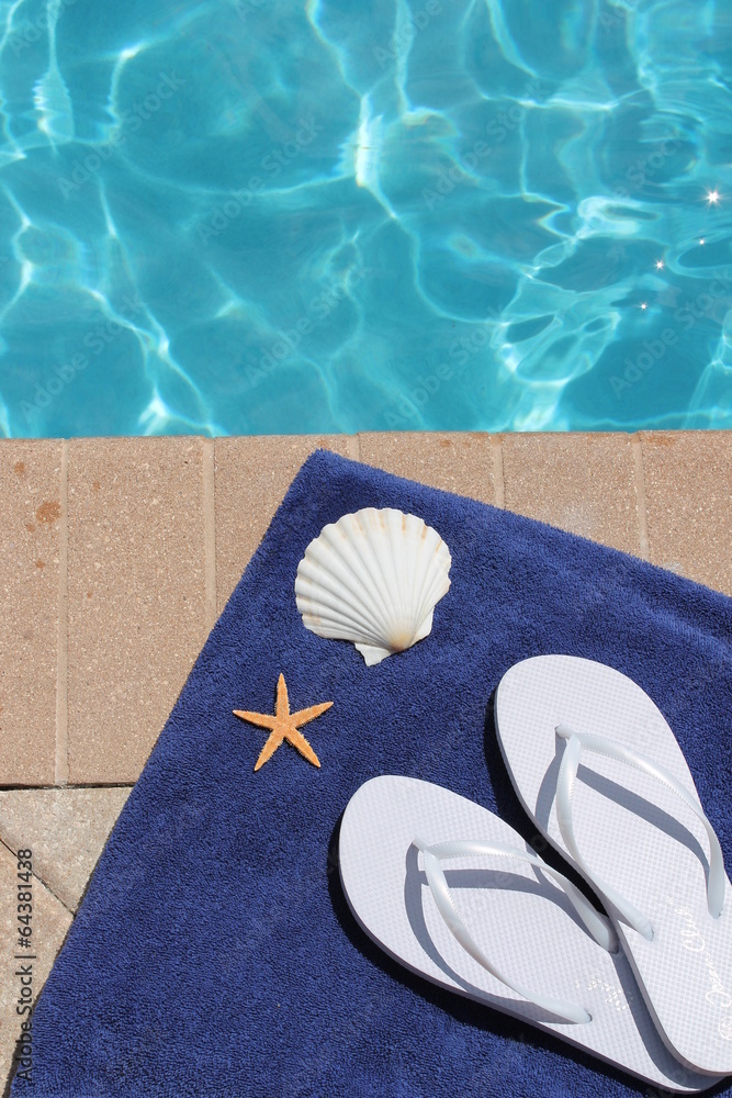 Poolside swimmg pool hotel vacation resort holiday scenic shell starfish shoes stock, photo, photograph, image, picture