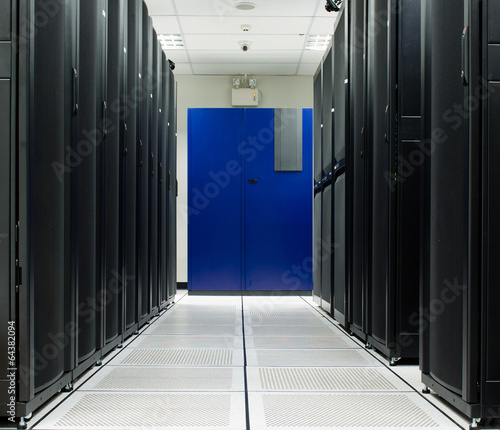 Server room with black Rack and blue Air condition