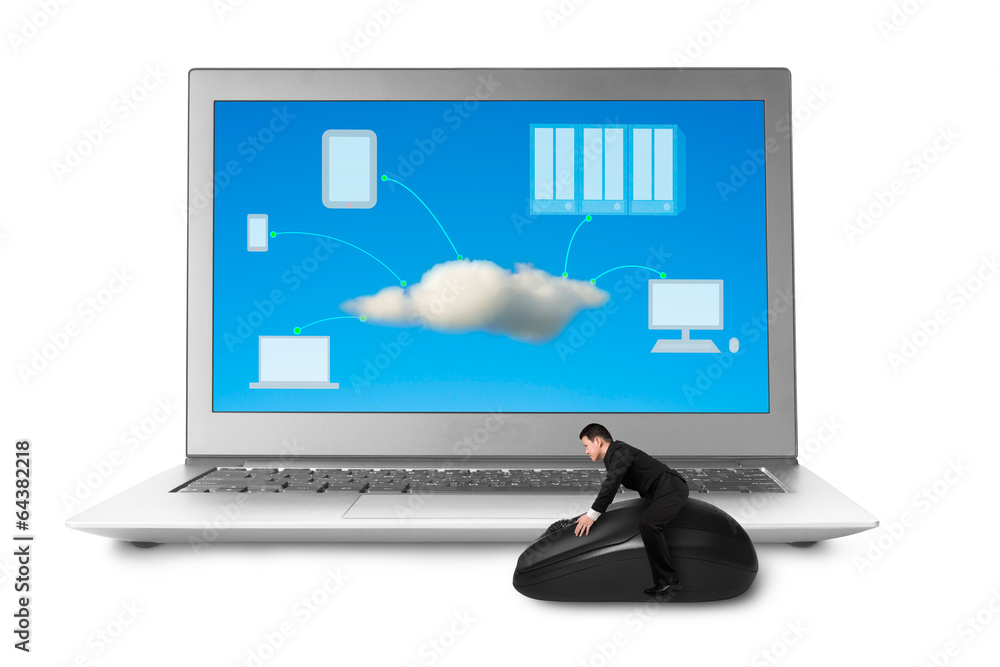 Riding mouse with cloud computing picture on screen Riding mouse with cloud computing picture on screen