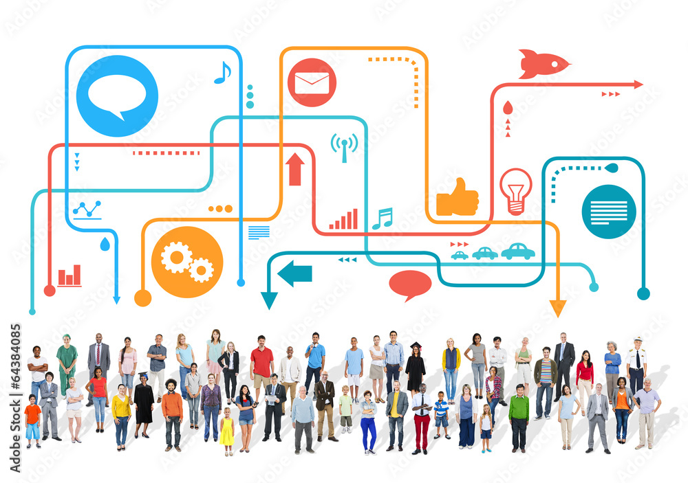 Large Group of People with Social Media Symbols Large Group of People with Social Media Symbols