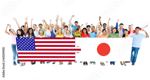 People Holding Placard with Japanese and American Flags