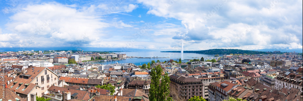 Panoramic view of Geneva water fountain from the Saint-Pierre ca