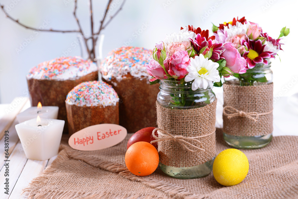 Beautiful bouquet of bright flowers in jars Beautiful bouquet of bright flowers in jars