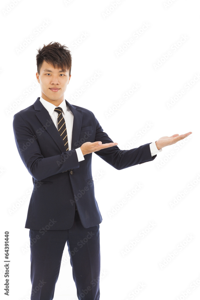 businessman with welcome and showing gesture businessman with welcome and showing gesture