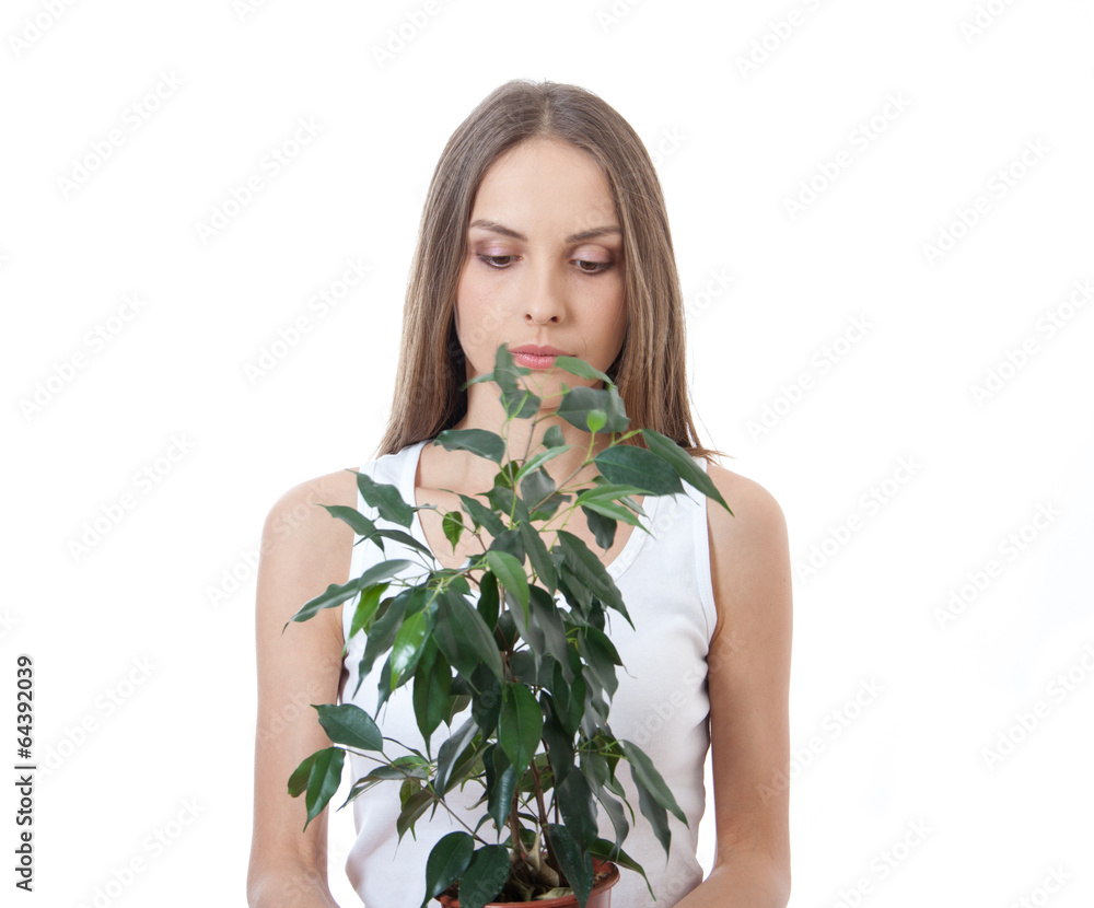 young woman holding houseplant, isolaterd on white young woman holding houseplant, isolaterd on white