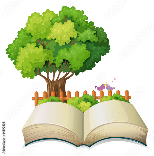 An empty open book and a tree with a fence